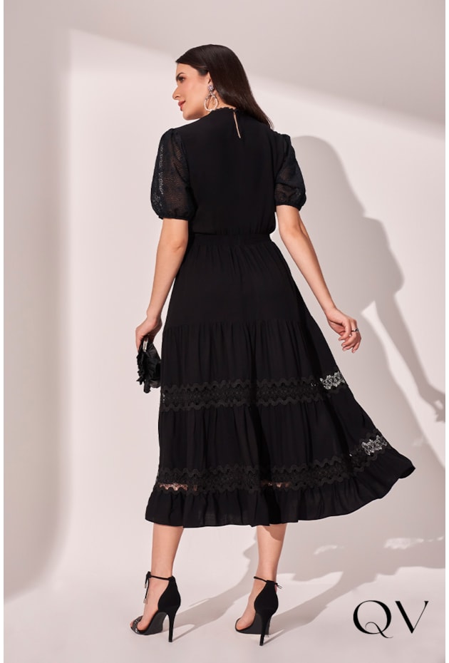 VESTIDO CREPE TEXTURIZADO PRETO - FASCÍNIUS