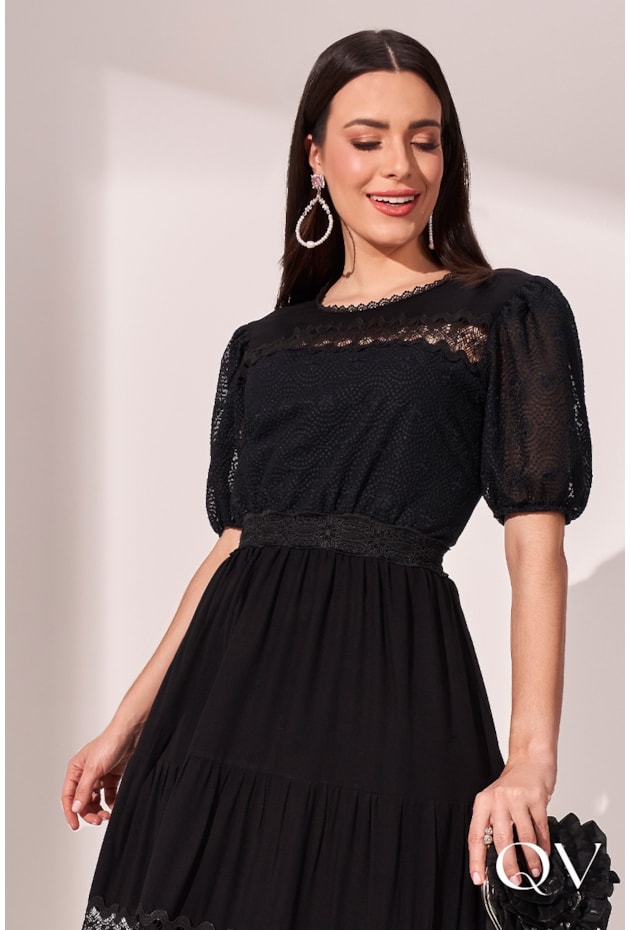 VESTIDO CREPE TEXTURIZADO PRETO - FASCÍNIUS