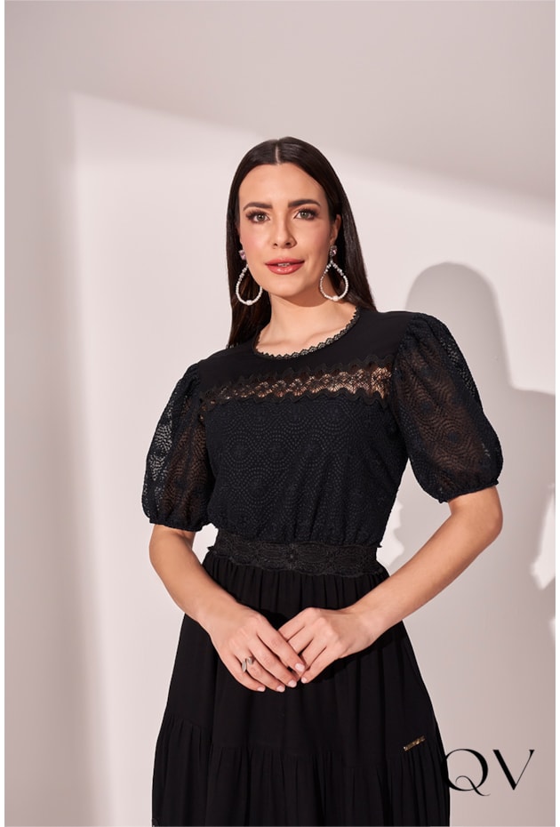 VESTIDO CREPE TEXTURIZADO PRETO - FASCÍNIUS