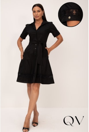 VESTIDO CURTO CLÁSSICO EM TRICOLINE PRETO E ENTREMEIO - LEKAZIS
