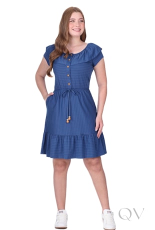 VESTIDO CURTO COM BOTÕES EM MALHA LISTRADA AZUL - HAPUK