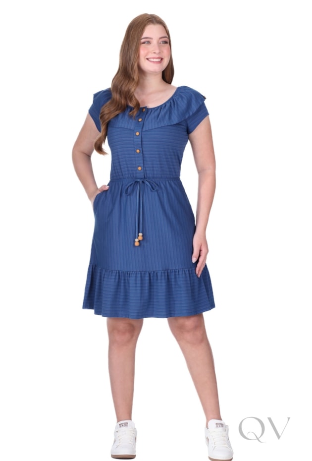 VESTIDO CURTO COM BOTÕES EM MALHA LISTRADA AZUL - HAPUK