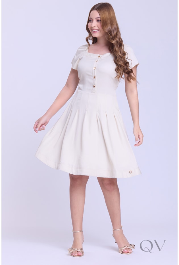 VESTIDO CURTO COM BOTÕES FRONTAIS EM TECIDO PLANO BEGE - HAPUK