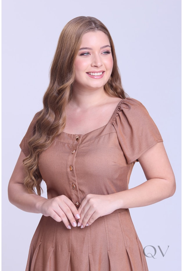VESTIDO CURTO COM BOTÕES FRONTAIS EM TECIDO PLANO MARROM - HAPUK