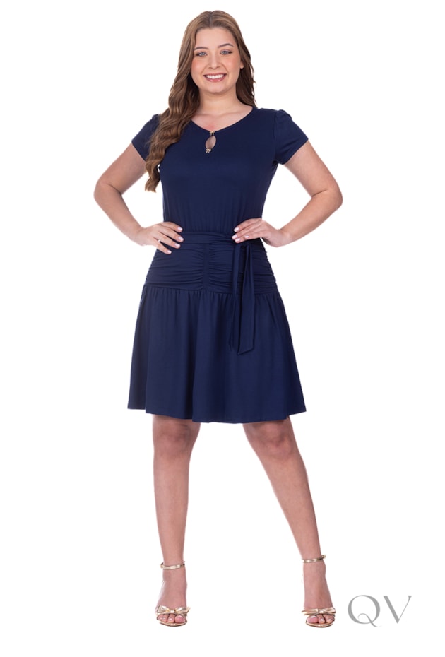 VESTIDO CURTO COM FAIXA EM MALHA DE ALGODÃO AZUL NOITE - HAPUK