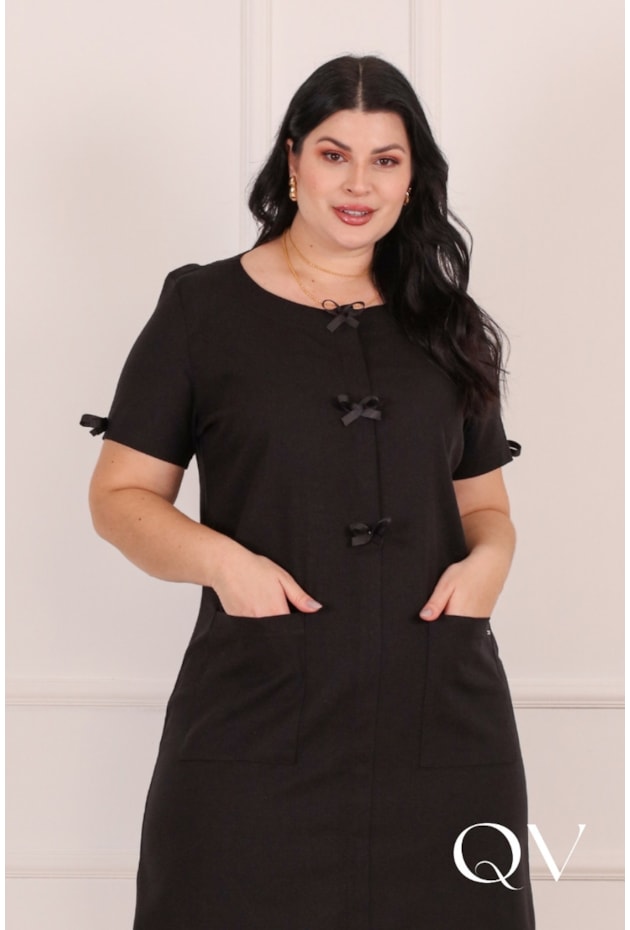 VESTIDO CURTO COM LAÇO EM VISCOSE PRETO - PURO SHARMY
