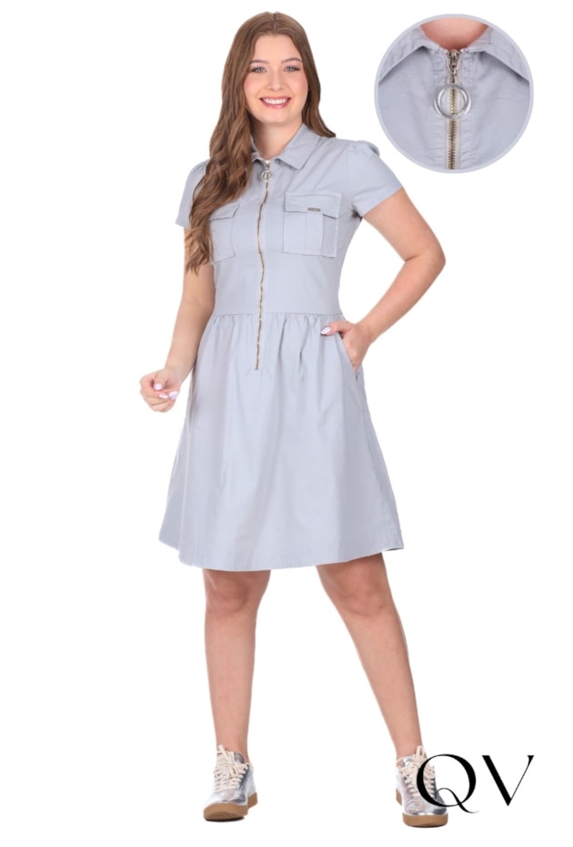 VESTIDO CURTO COM ZÍPER FRONTAL EM JEANS COLOR CINZA - HAPUK