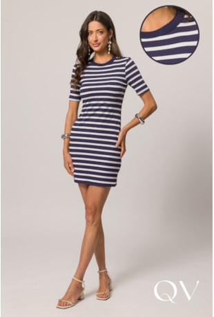 VESTIDO CURTO DE MANGA CURTA EM RIBANA AZUL MARINHO - DOCE TRAMA