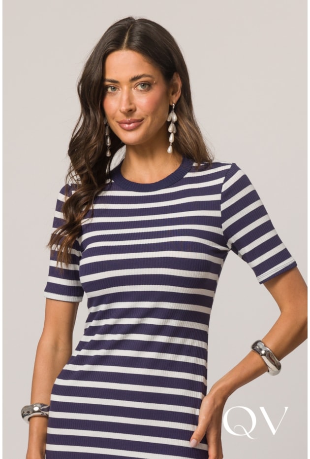 VESTIDO CURTO DE MANGA CURTA EM RIBANA AZUL MARINHO - DOCE TRAMA