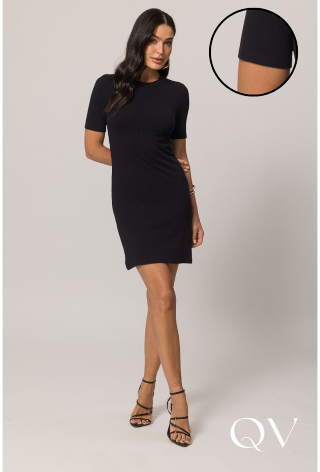 VESTIDO CURTO DE MANGA CURTA EM RIBANA PRETO - DOCE TRAMA