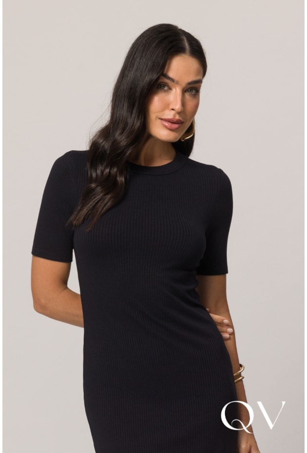 VESTIDO CURTO DE MANGA CURTA EM RIBANA PRETO - DOCE TRAMA