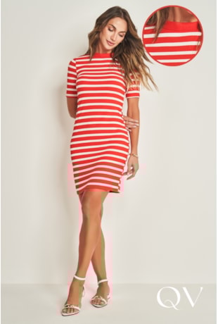 VESTIDO CURTO DE MANGA CURTA EM RIBANA VERMELHO E OFF WHITE - DOCE TRAMA