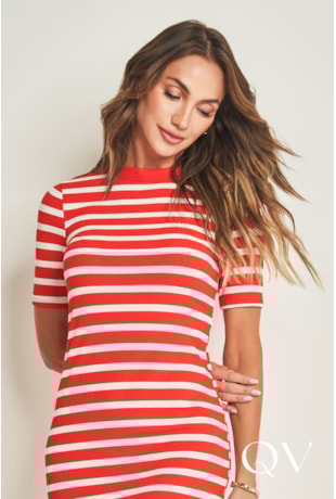 VESTIDO CURTO DE MANGA CURTA EM RIBANA VERMELHO E OFF WHITE - DOCE TRAMA
