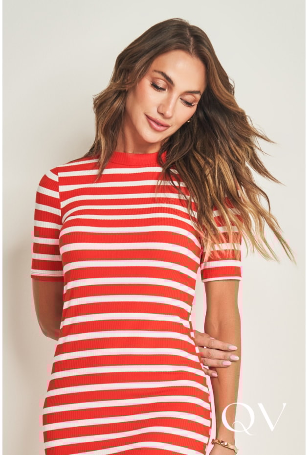 VESTIDO CURTO DE MANGA CURTA EM RIBANA VERMELHO E OFF WHITE - DOCE TRAMA