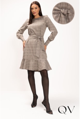 VESTIDO CURTO EM ALFAIATARIA XADREZ GALES BEGE - LEKAZIS VESTIDO CURTO EM ALFAIATARIA XADREZ GALES BEGE - LEKAZIS