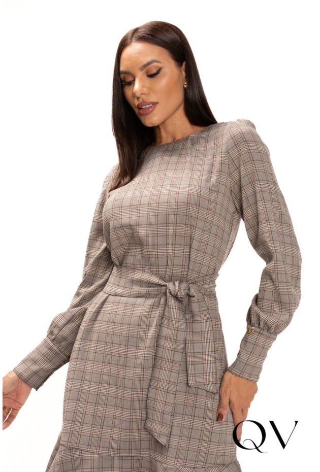 VESTIDO CURTO EM ALFAIATARIA XADREZ GALES BEGE - LEKAZIS