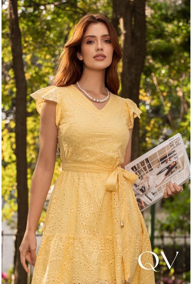 VESTIDO CURTO EM LASIE AMARELO - JANY PIM