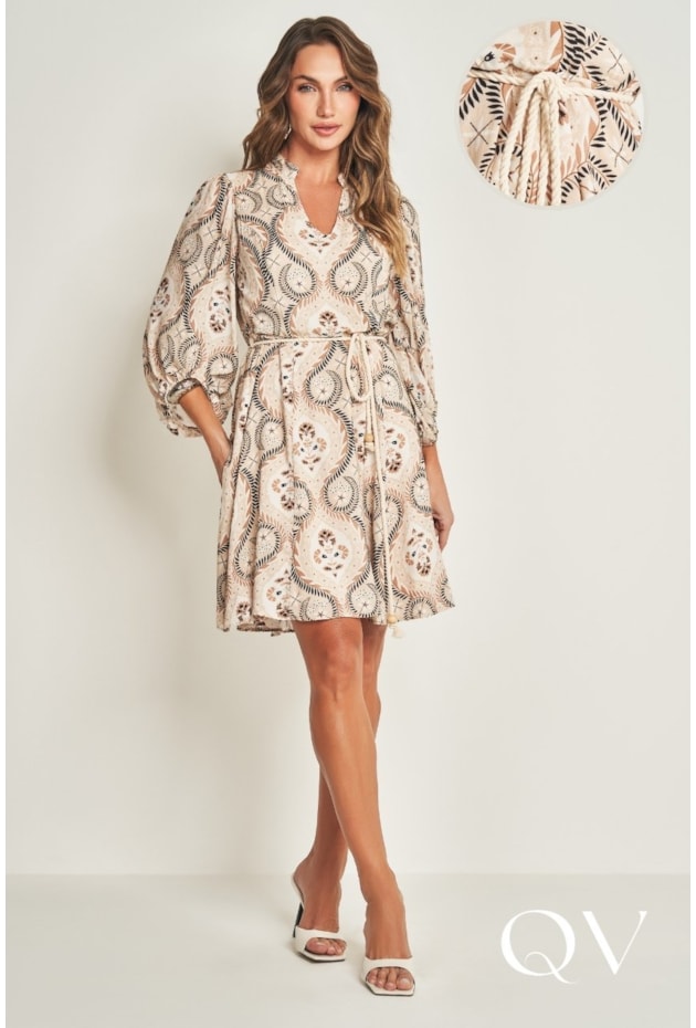 VESTIDO CURTO EM PLANO VISCOSE BEGE - DOCE TRAMA