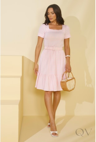 VESTIDO CURTO EM POLIÉSTER SALMÃO XADREZ - JANY PIM