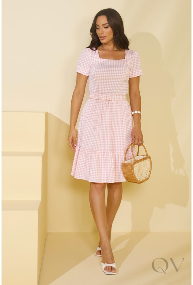 VESTIDO CURTO EM POLIÉSTER SALMÃO XADREZ - JANY PIM VESTIDO CURTO EM POLIÉSTER SALMÃO XADREZ - JANY PIM