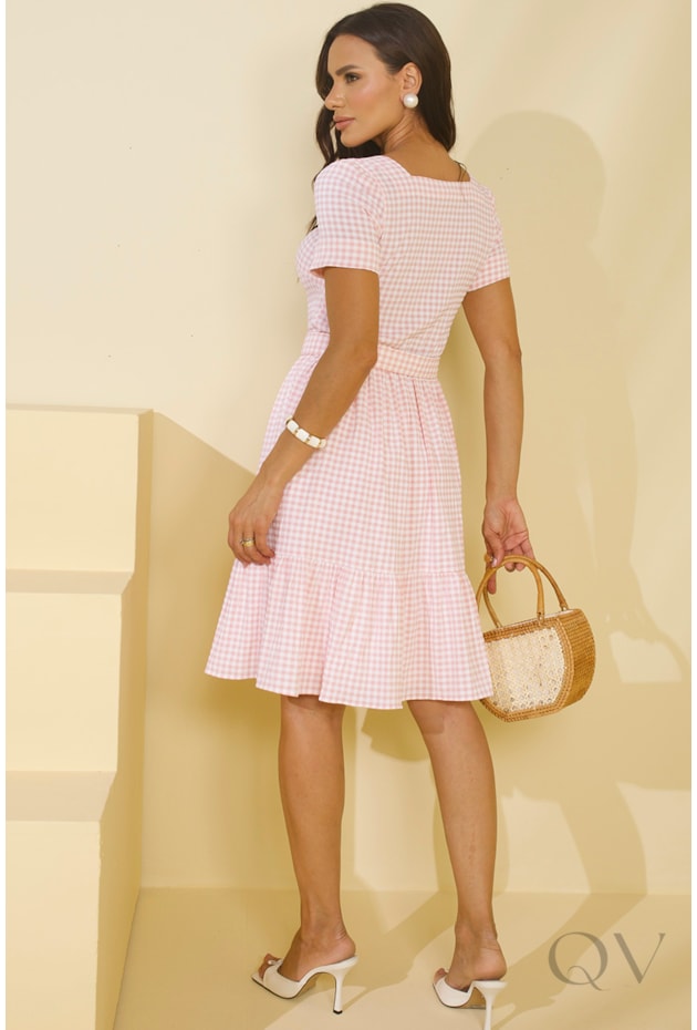 VESTIDO CURTO EM POLIÉSTER SALMÃO XADREZ - JANY PIM VESTIDO CURTO EM POLIÉSTER SALMÃO XADREZ - JANY PIM