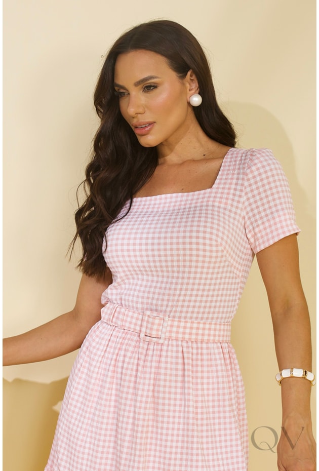 VESTIDO CURTO EM POLIÉSTER SALMÃO XADREZ - JANY PIM VESTIDO CURTO EM POLIÉSTER SALMÃO XADREZ - JANY PIM