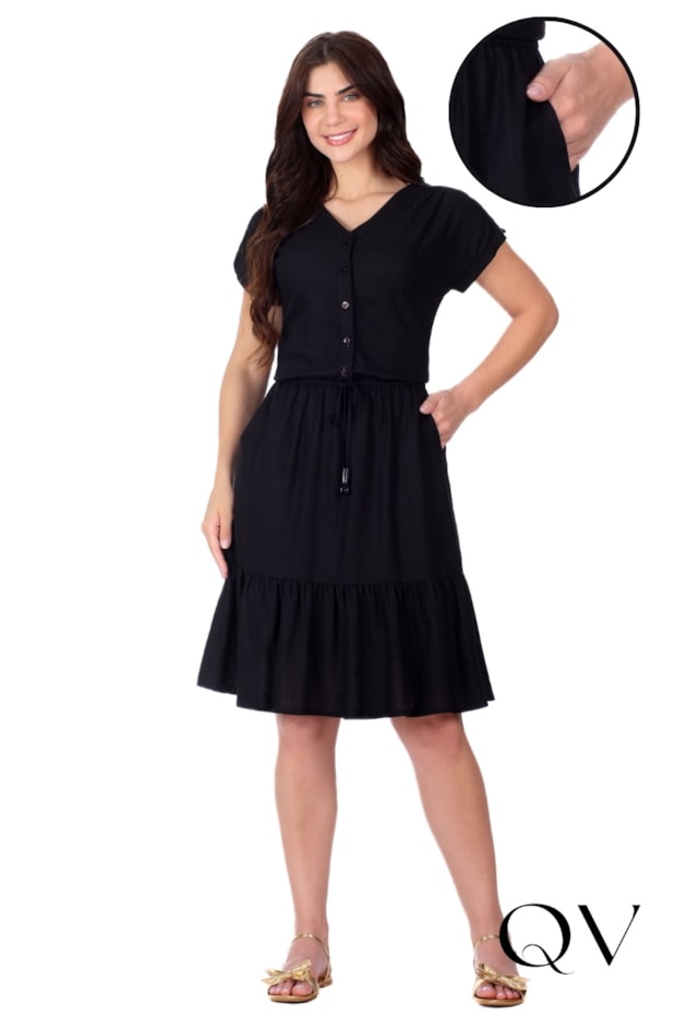 VESTIDO CURTO EM TECIDO PLANO DE VISCOSE PRETO - HAPUK