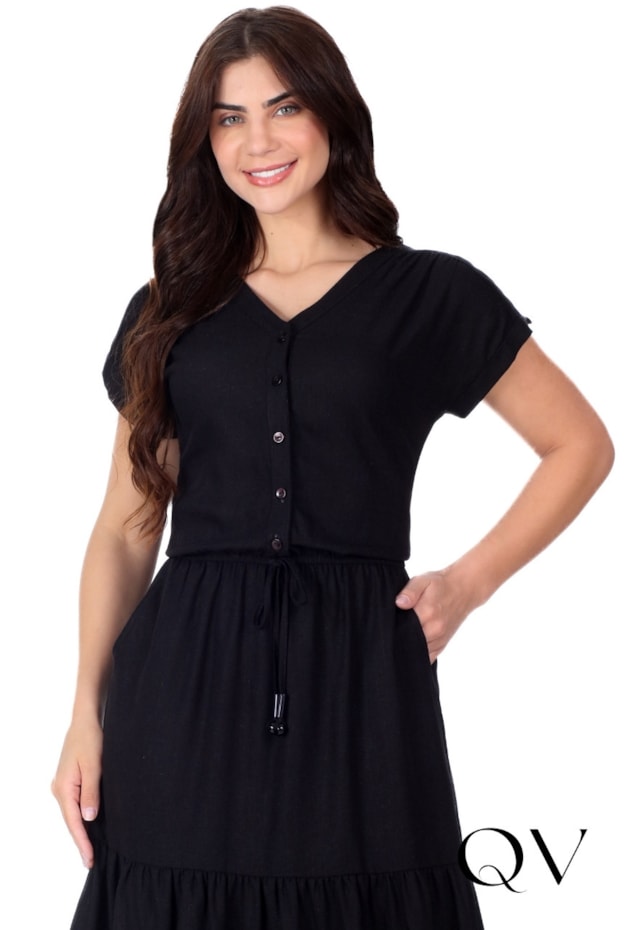 VESTIDO CURTO EM TECIDO PLANO DE VISCOSE PRETO - HAPUK