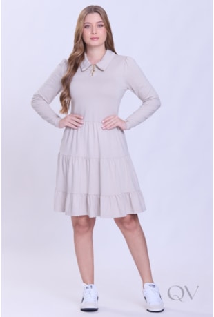 VESTIDO CURTO GODÊ COM BABADOS EM MOLETINHO BEGE - HAPUK