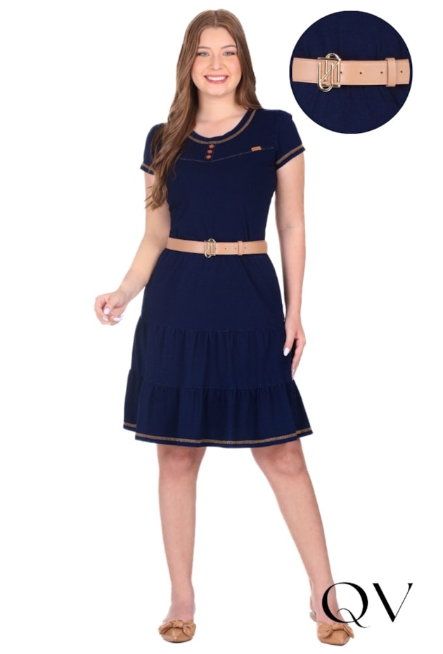 VESTIDO CURTO GODÊ EM MALHA JEANS AZUL - HAPUK