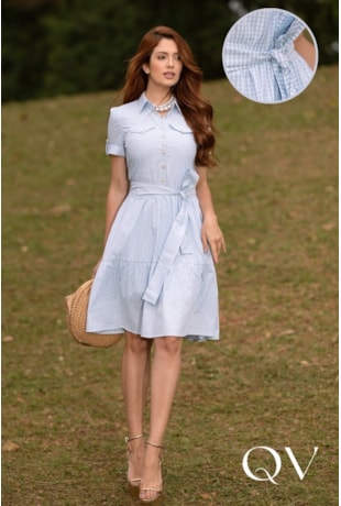 VESTIDO CURTO GODÊ LISTRADO EM TRICOLINE AZUL - JANY PIM