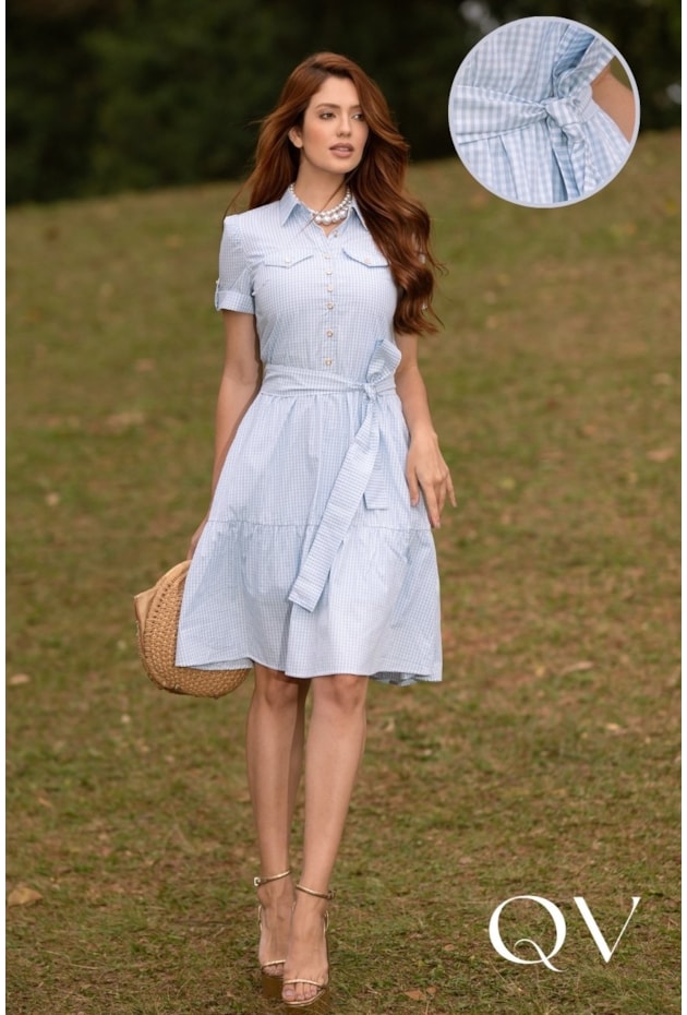 VESTIDO CURTO GODÊ LISTRADO EM TRICOLINE AZUL - JANY PIM