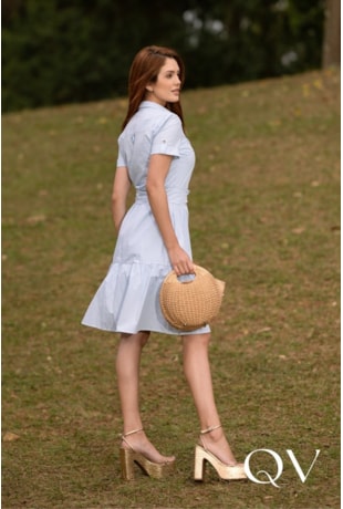 VESTIDO CURTO GODÊ LISTRADO EM TRICOLINE AZUL - JANY PIM