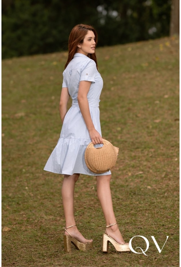 VESTIDO CURTO GODÊ LISTRADO EM TRICOLINE AZUL - JANY PIM