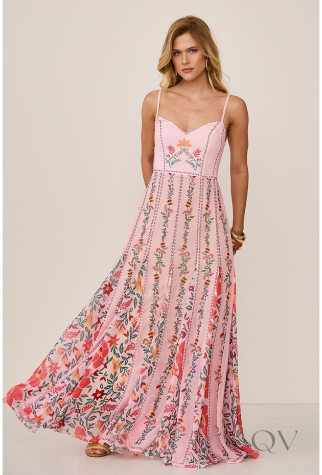 VESTIDO DE ALÇA LONGO EM MOUSSELINE ROSA - ARSTY