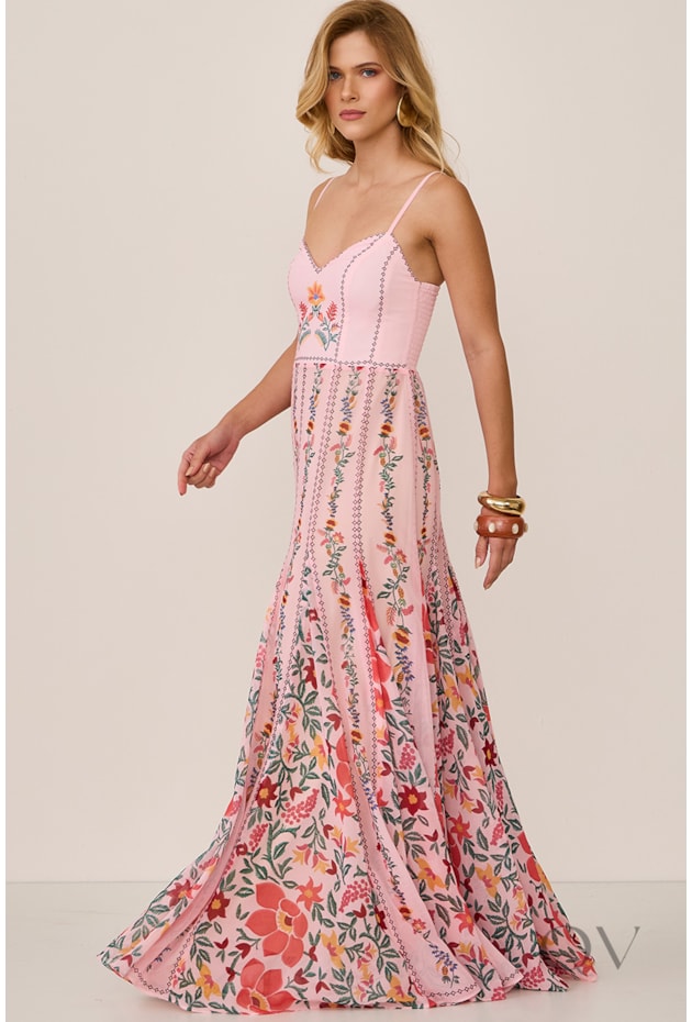 VESTIDO DE ALÇA LONGO EM MOUSSELINE ROSA - ARSTY