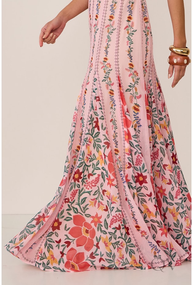 VESTIDO DE ALÇA LONGO EM MOUSSELINE ROSA - ARSTY