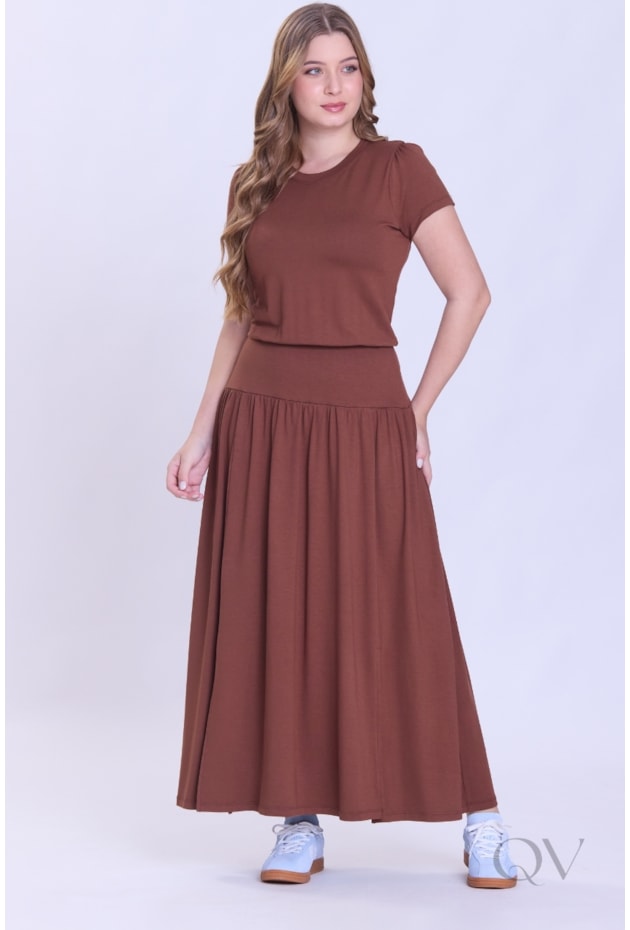 VESTIDO DE MANGA CURTA E FENDA EM MOLETINHO MARROM - HAPUK
