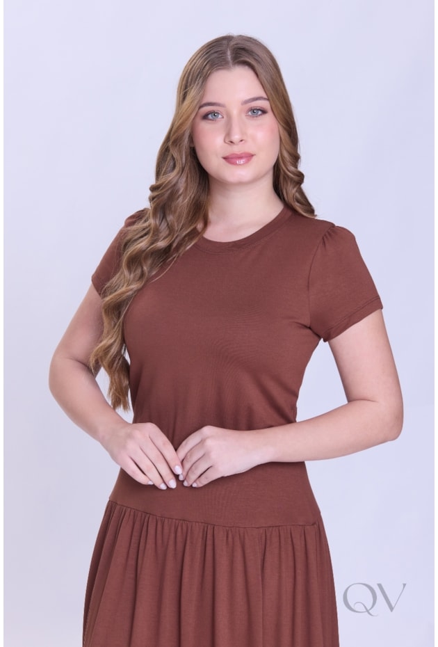 VESTIDO DE MANGA CURTA E FENDA EM MOLETINHO MARROM - HAPUK