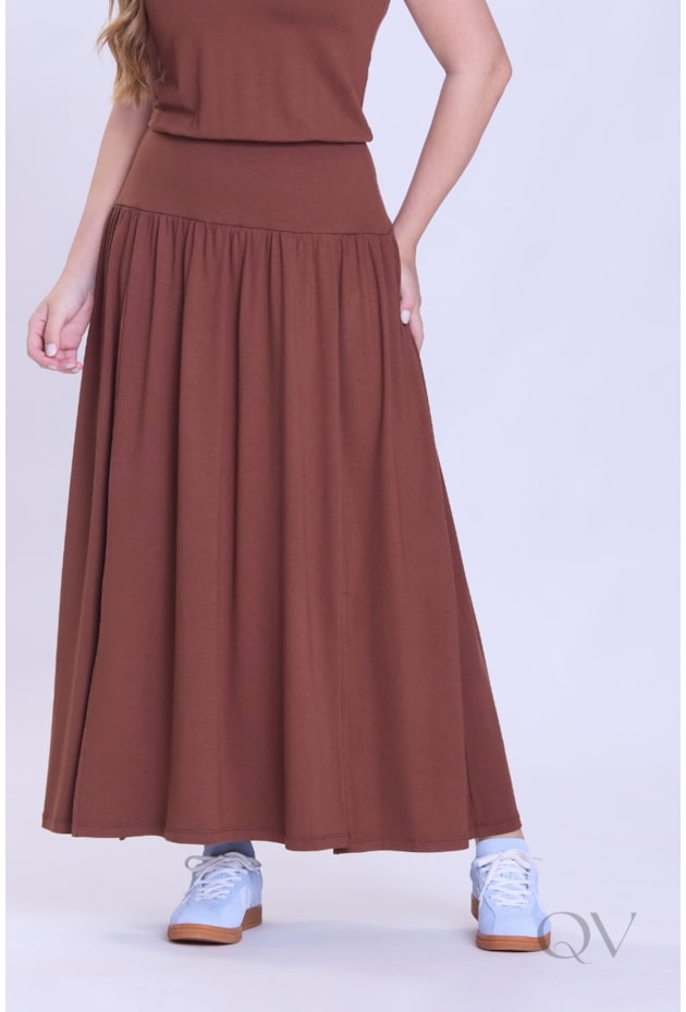 VESTIDO DE MANGA CURTA E FENDA EM MOLETINHO MARROM - HAPUK