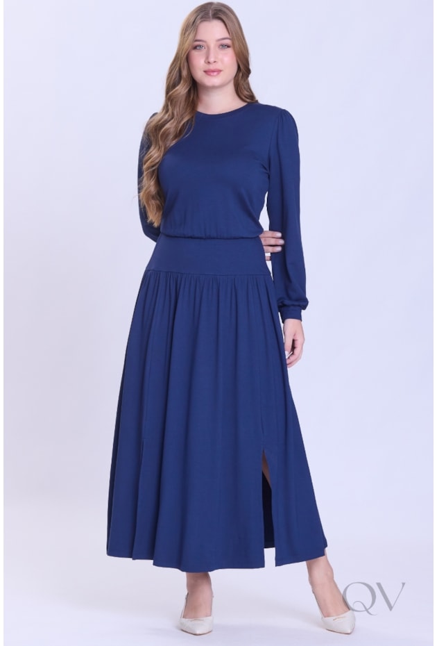 VESTIDO DE MANGA LONGA E FENDA EM MOLETINHO AZUL - HAPUK