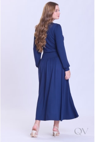 VESTIDO DE MANGA LONGA E FENDA EM MOLETINHO AZUL - HAPUK