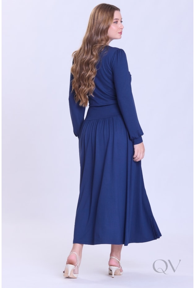 VESTIDO DE MANGA LONGA E FENDA EM MOLETINHO AZUL - HAPUK