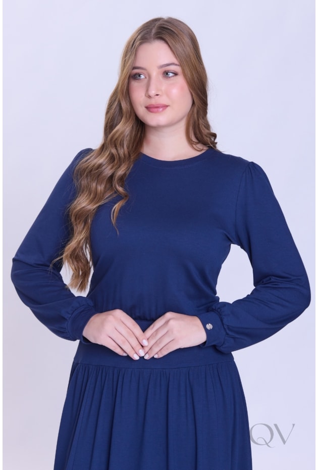 VESTIDO DE MANGA LONGA E FENDA EM MOLETINHO AZUL - HAPUK