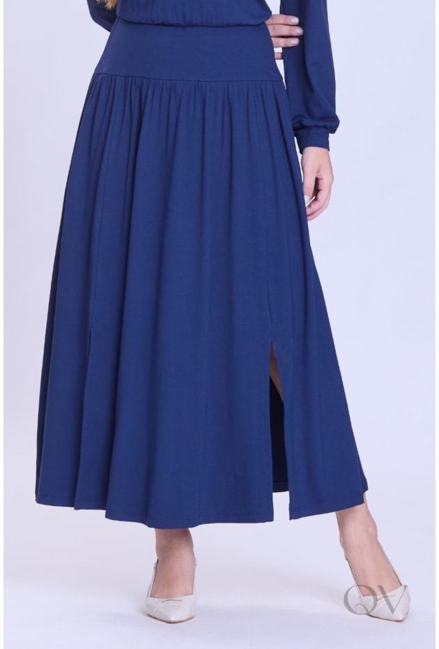 VESTIDO DE MANGA LONGA E FENDA EM MOLETINHO AZUL - HAPUK
