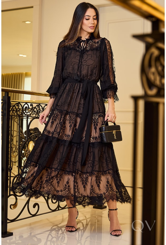 VESTIDO DEVORÊ EM CHIFFON PRETO - LUZIA FAZZOLLI