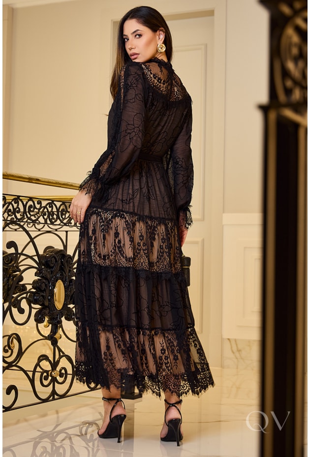 VESTIDO DEVORÊ EM CHIFFON PRETO - LUZIA FAZZOLLI