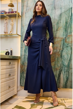 VESTIDO DRAPEADO EM ALFAIATARIA AZUL MARINHO - LUZIA FAZZOLLI