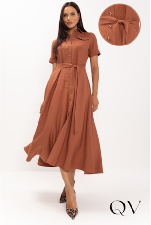 VESTIDO EM ALFAIATARIA DE VISCOSE COM BOTÕES CARAMELO - LEKAZIS