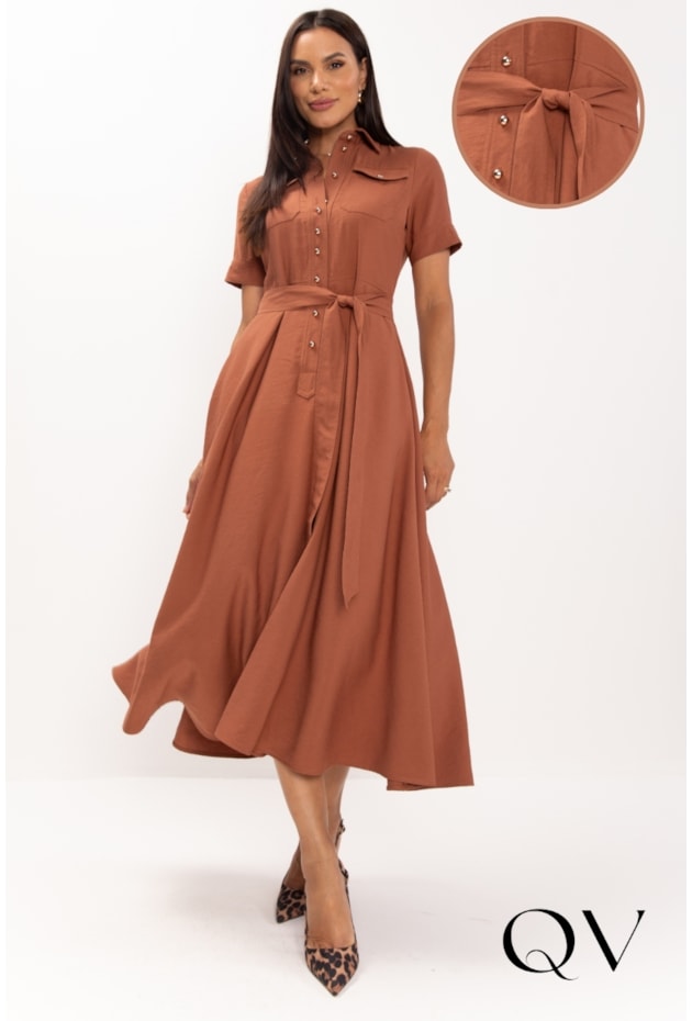 VESTIDO EM ALFAIATARIA DE VISCOSE COM BOTÕES CARAMELO - LEKAZIS